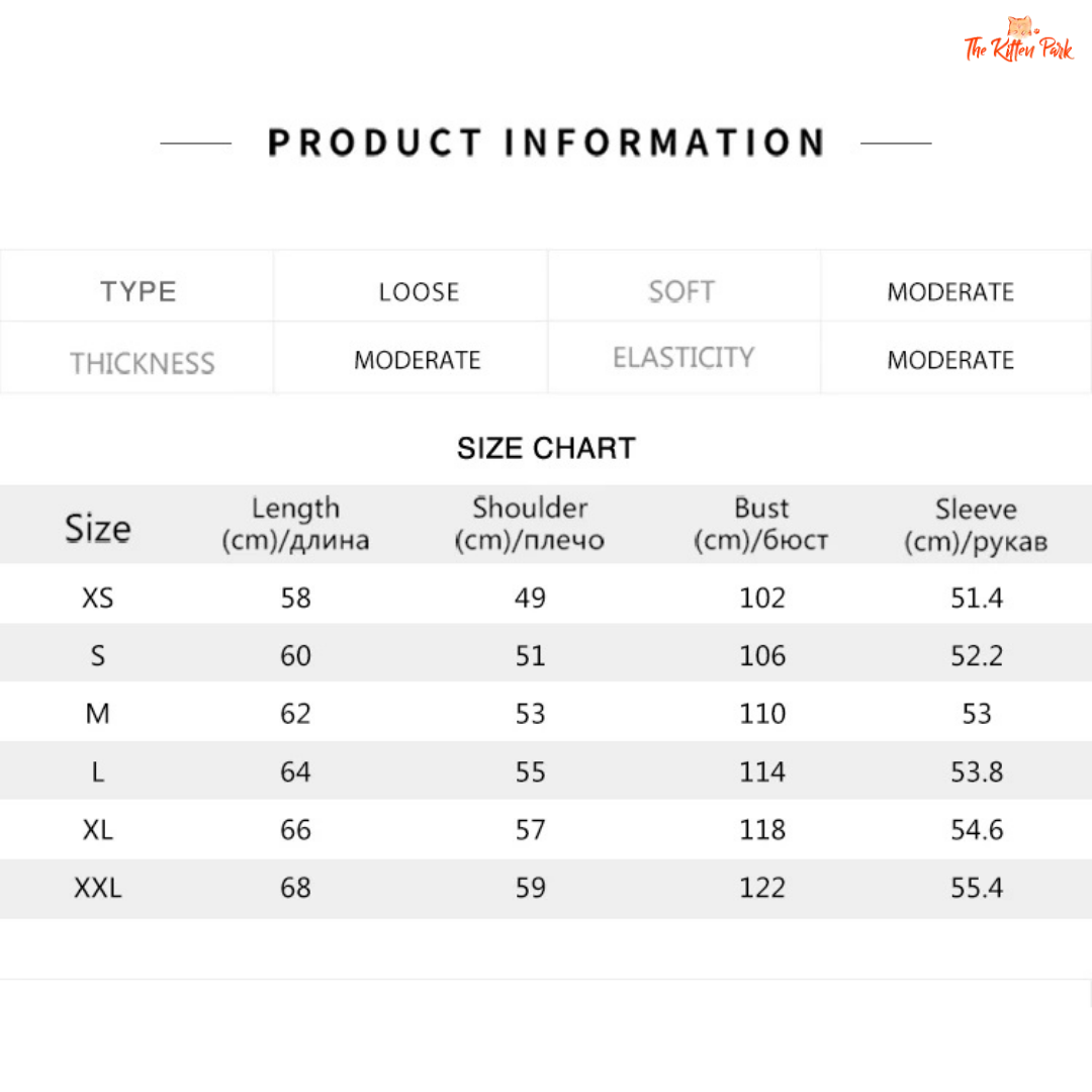 Size chart for clothing with dimensions in centimeters