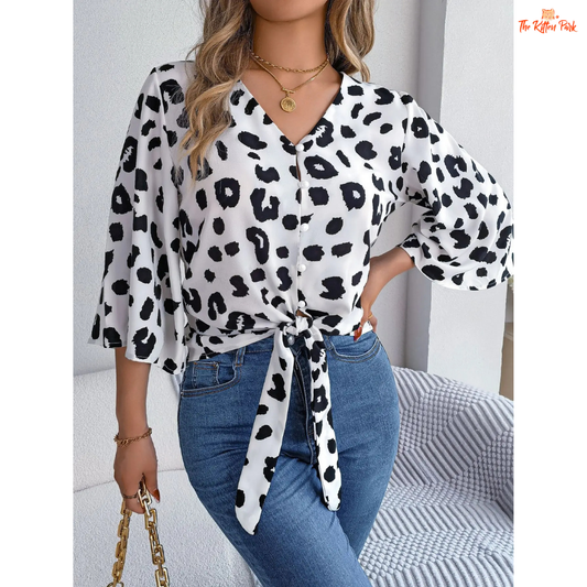 Leopard print chiffon shirt with tie-front design, half sleeves, and a relaxed casual fit—perfect for spring and summer outfits.