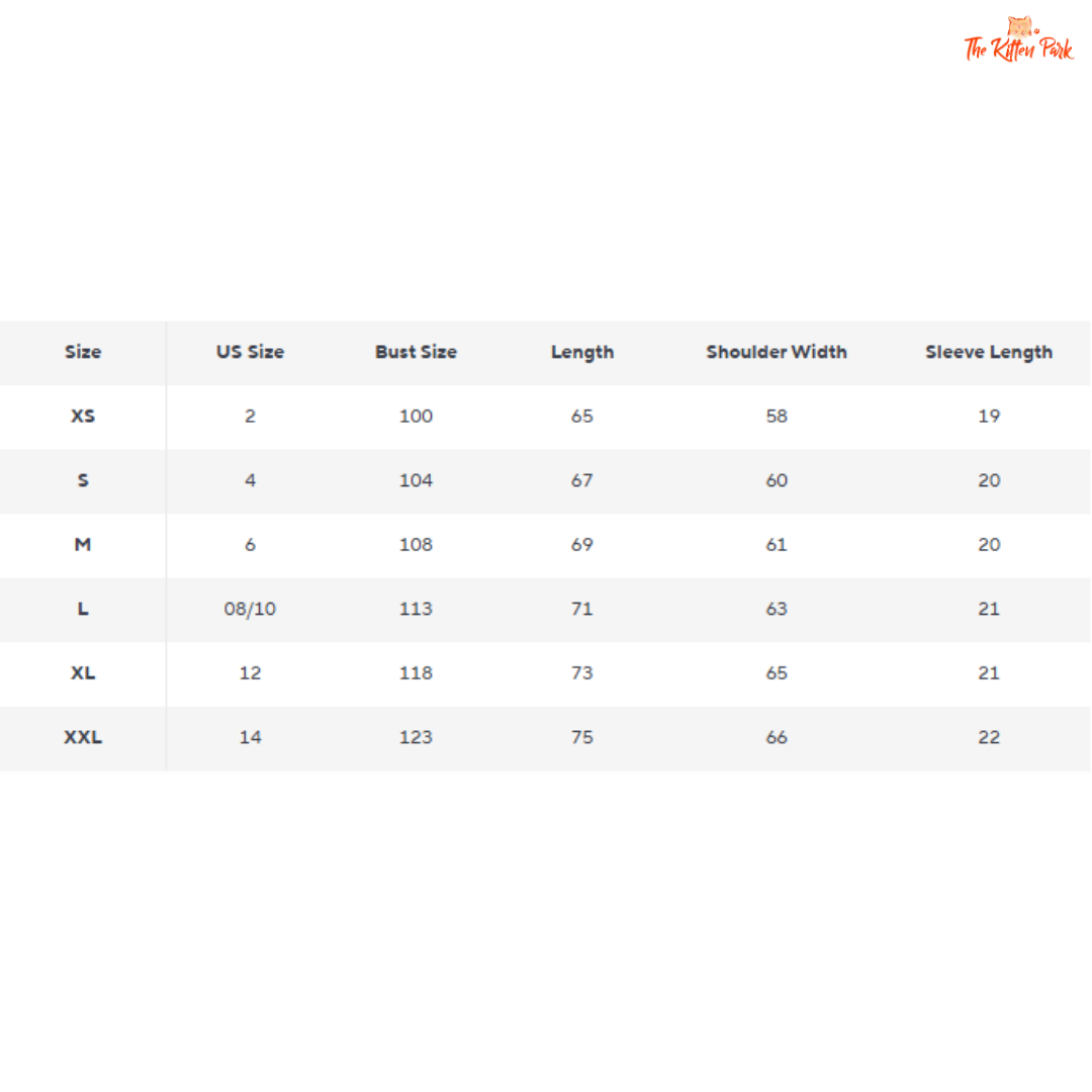 Size chart for clothing with measurements in US size, bust size, length, shoulder width, and sleeve length.
