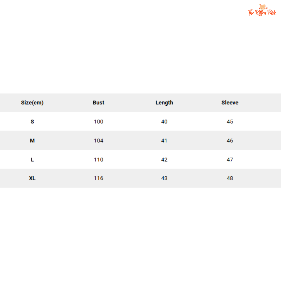Size chart for clothing with measurements in centimeters
