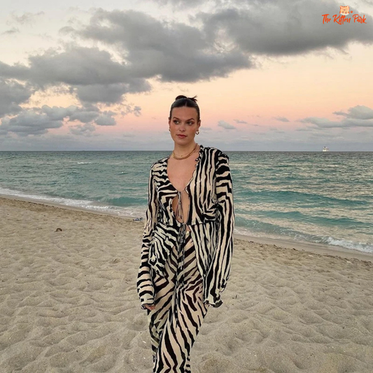 Sheer animal print two-piece set with tie-front top and wide-leg mesh pants — stylish beachwear for bold summer looks.