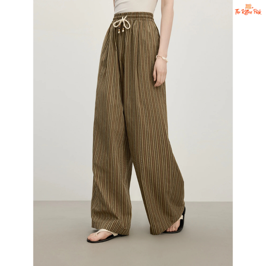 High-waisted striped wide-leg summer trousers for women, made of breathable cotton-viscose blend with a casual office-ready style.