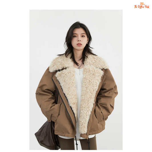 Warm thick cotton streetwear coat for women with turn-down collar, zipper closure, and pockets in a loose retro fit.