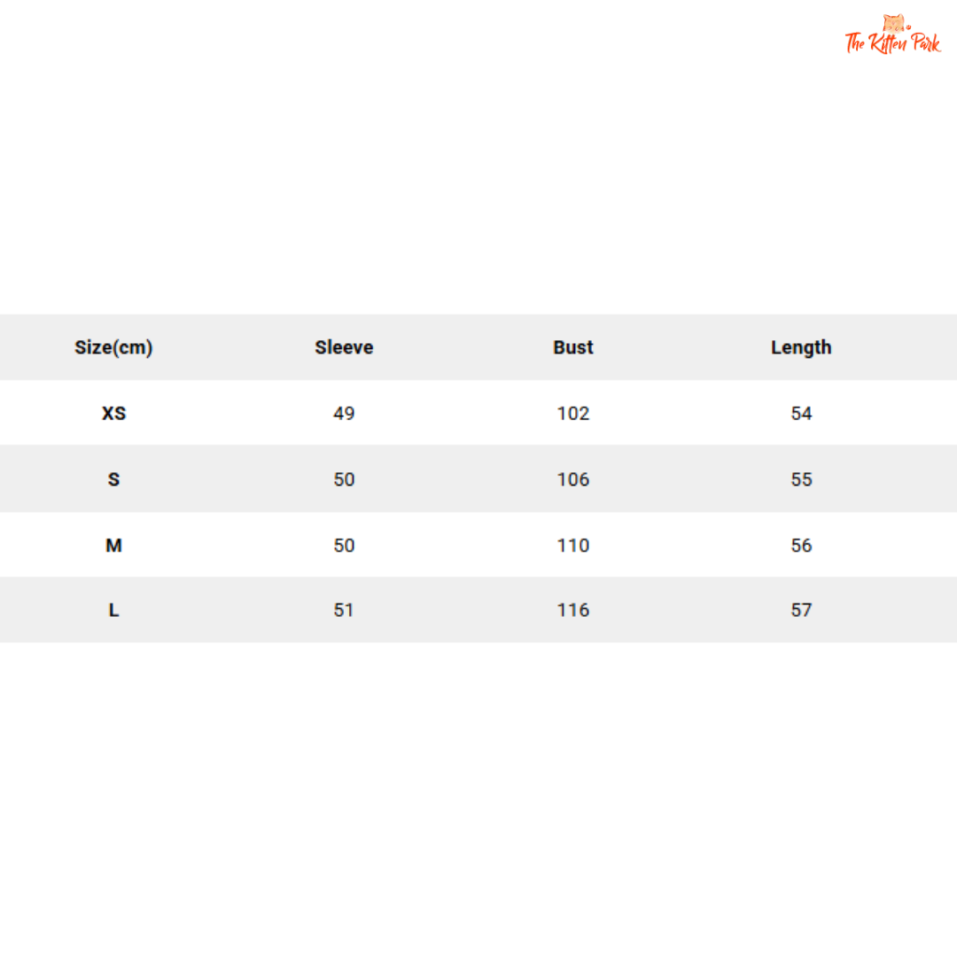 Size chart for clothing with measurements in centimeters