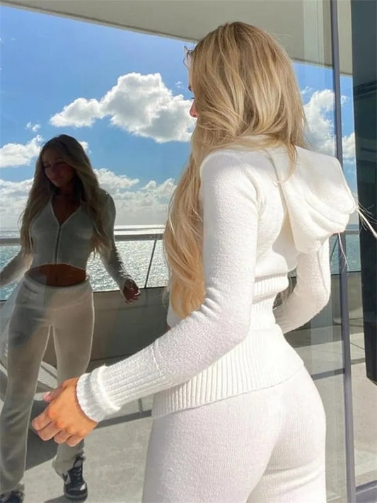 Two Pieces Long Sleeve Zipper Hooded Sweater Skinny Pants Suit Outfits Sets