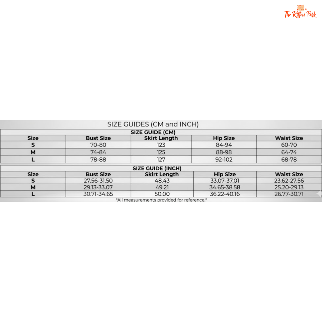 Size guide chart for clothing measurements in centimeters and inches.