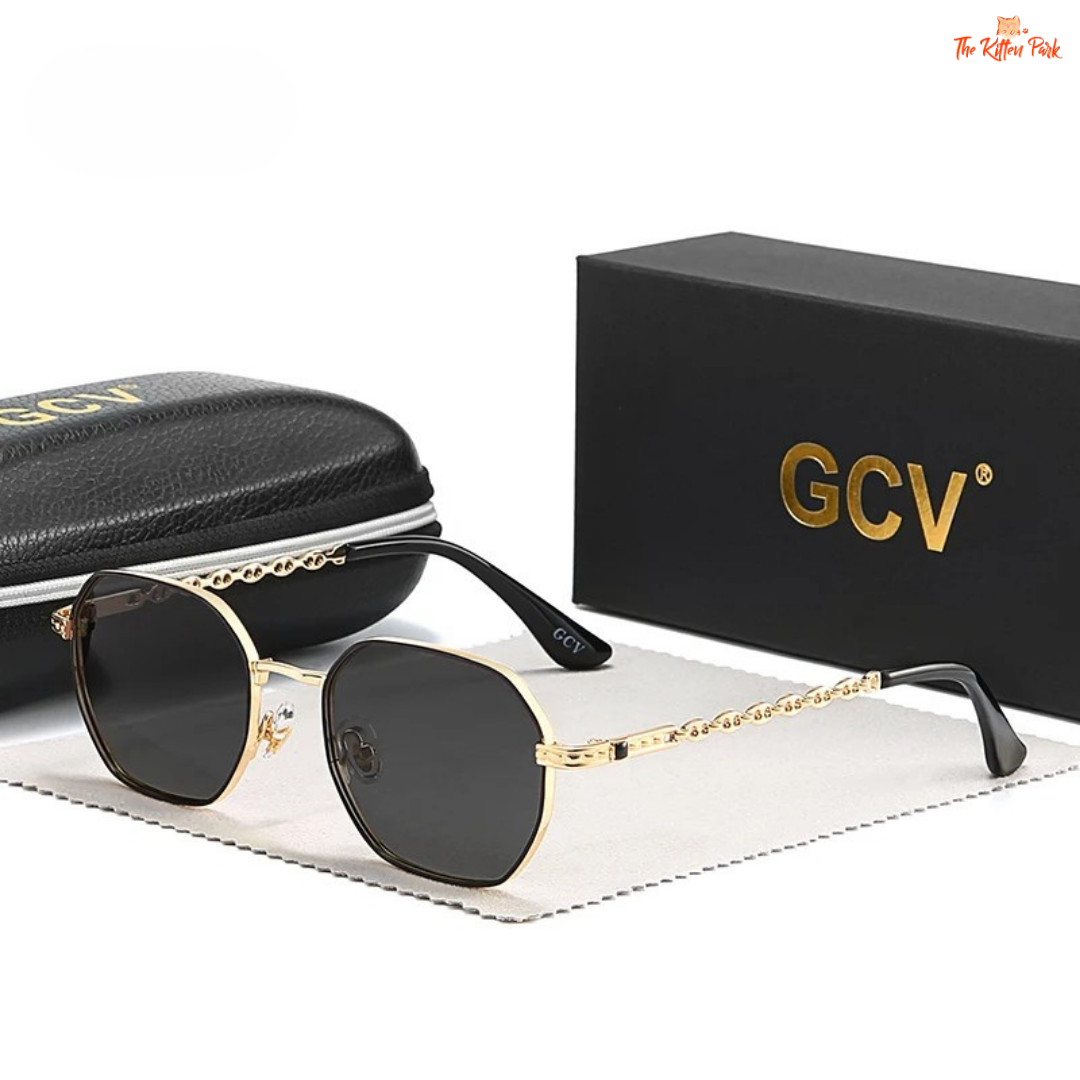 Classic rectangle metal frame sunglasses for women featuring Polaroid gradient lenses with UV400 and photochromic protection.