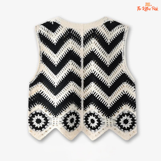 Chevron crochet waistcoat – sleeveless open-knit button vest for women with a geometric pattern, perfect for summer bohemian outfits.
