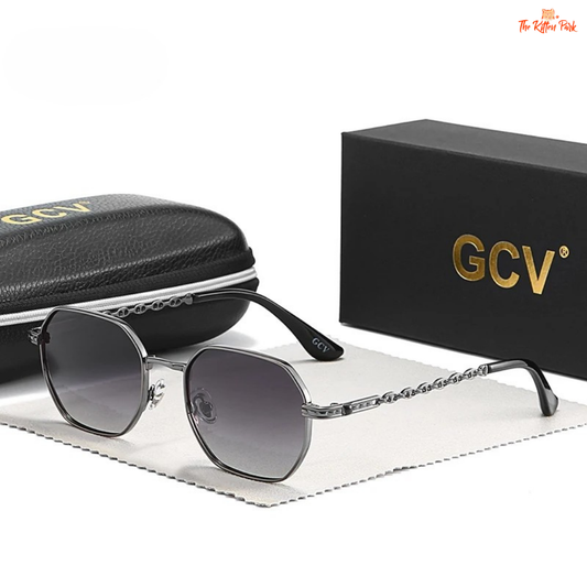 Classic rectangle metal frame sunglasses for women featuring Polaroid gradient lenses with UV400 and photochromic protection.