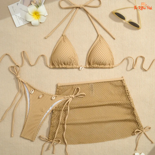 Sexy net 3-piece Brazilian bikini set with hollow details and triangle neckline, perfect for summer holidays and beachside fun.