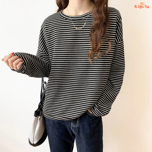 100% cotton striped Harajuku tee with full sleeves and a relaxed fit, designed for breathable comfort and everyday summer style.