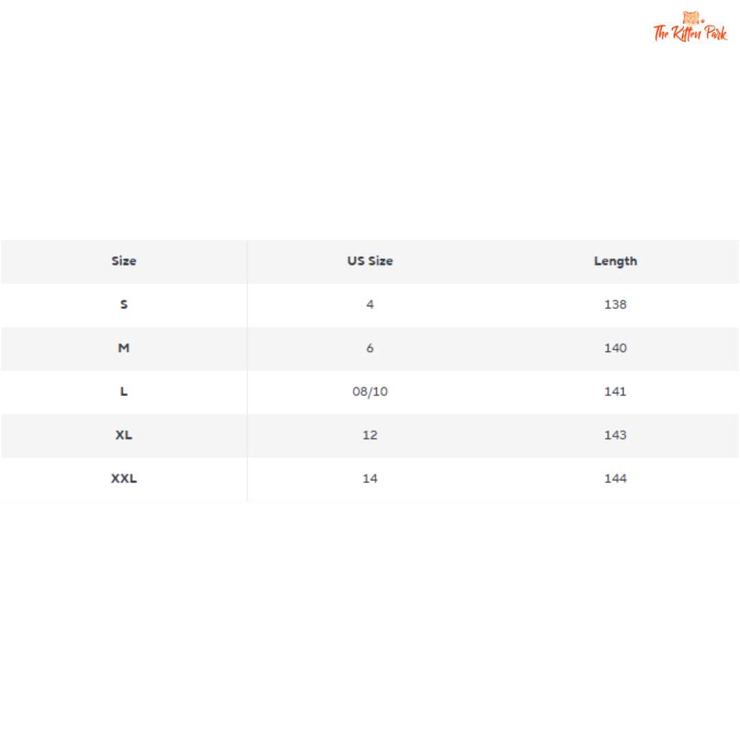 Size chart for pants with US size and length measurements on a white background