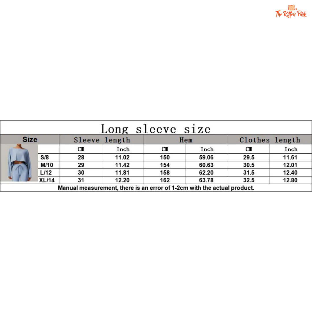 Size chart for long-sleeve shirts with measurements in centimeters and inches.