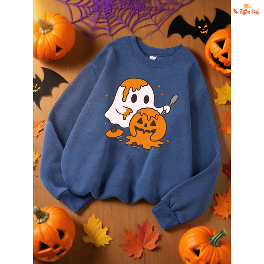 Ghost Pumpkin Sweatshirt – Y2K Casual Autumn Pullover with cartoon pumpkin and ghost design, fleece warmth, and regular fit for autumn/winter.