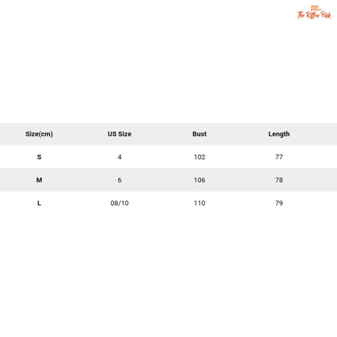 Size chart for clothing with measurements in centimeters and US sizes.