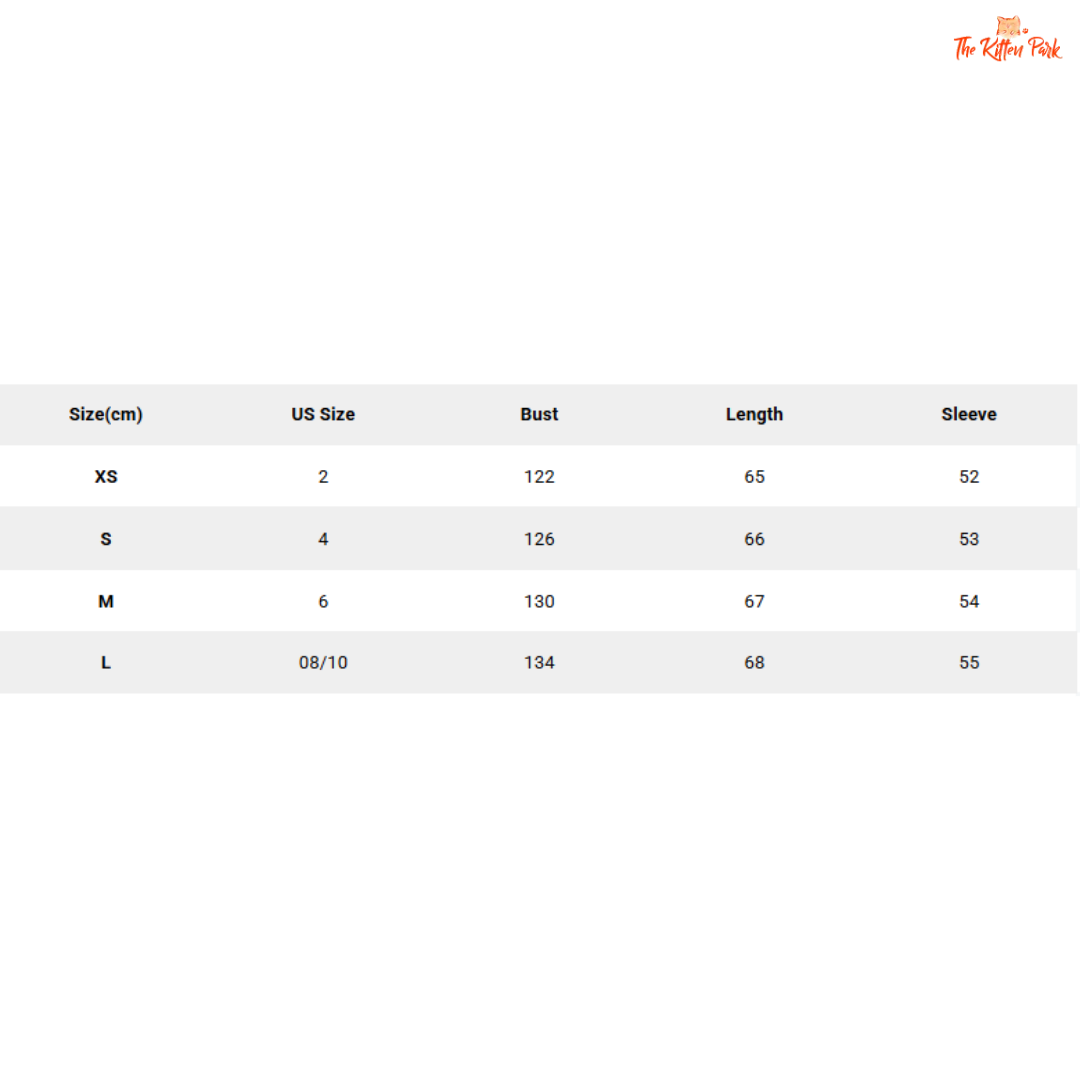 Size chart for clothing with measurements in centimeters and US sizes on a white background.