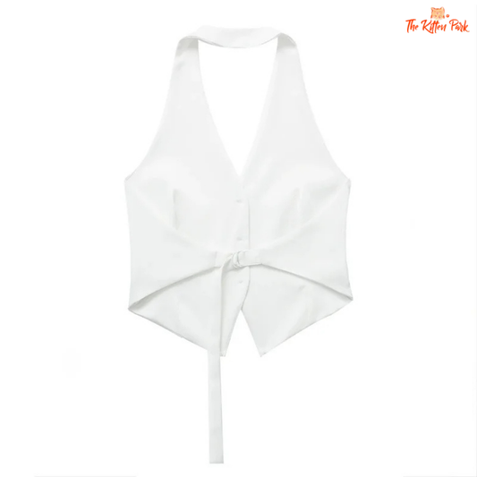 Off-shoulder cropped vest for women – sleeveless backless V-neck waistcoat with single-breasted button detail in solid color for high street style.