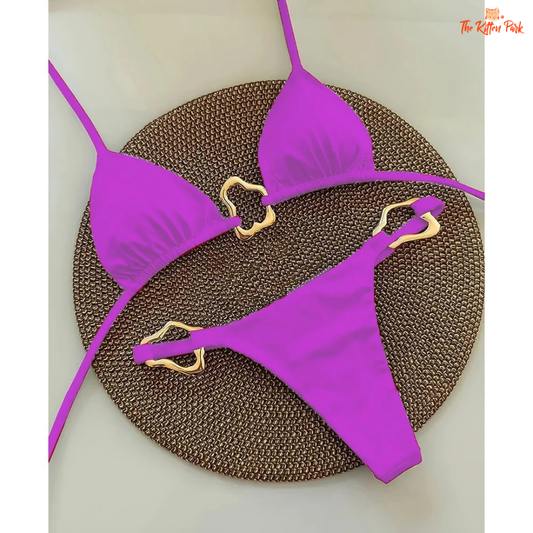 Solid color lace-up bikini set for women with wire-free support and modern split two-piece design.