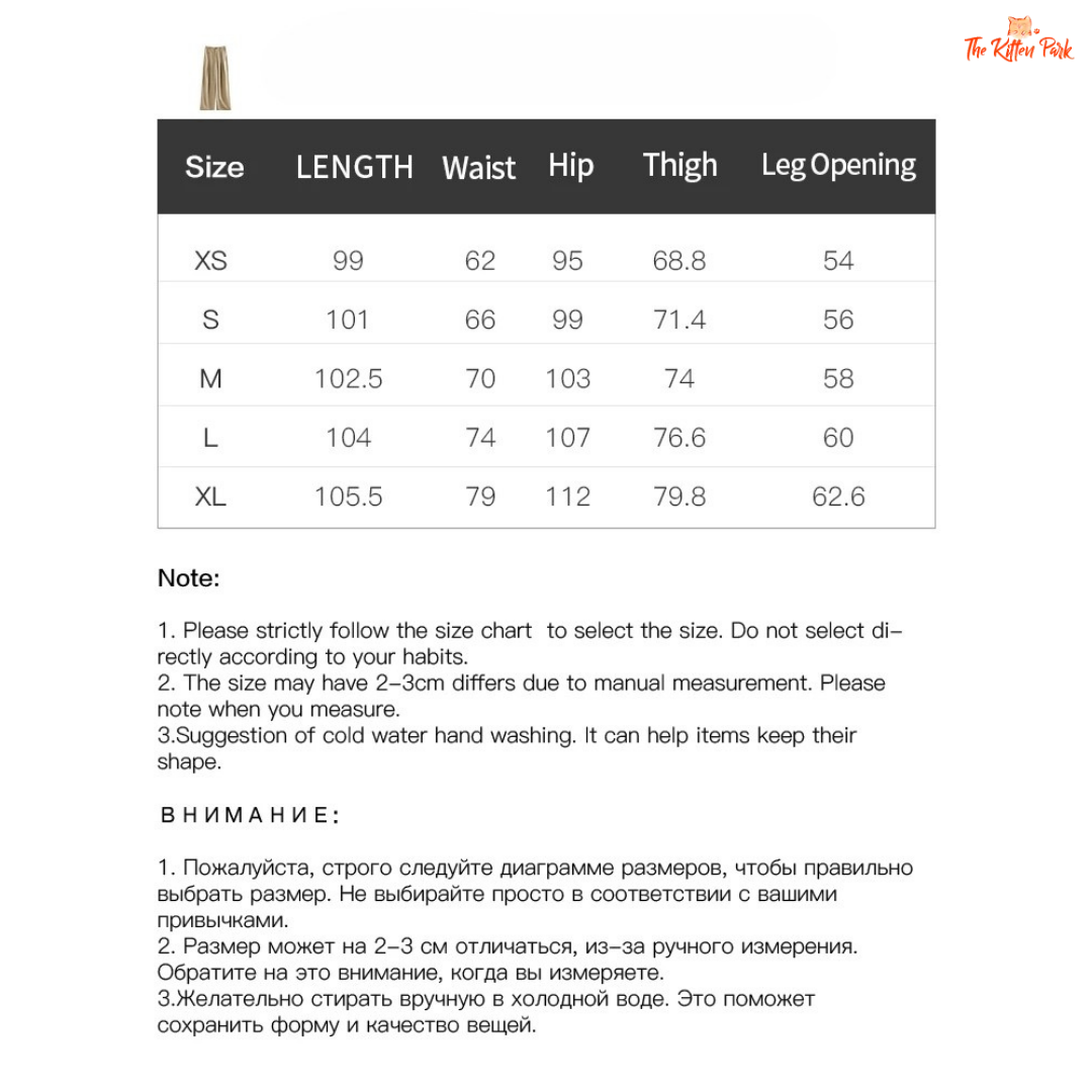 Size chart for pants with measurements in centimeters