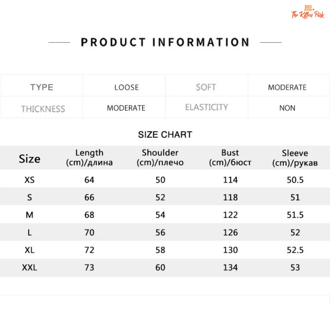 Size chart for clothing with dimensions in centimeters