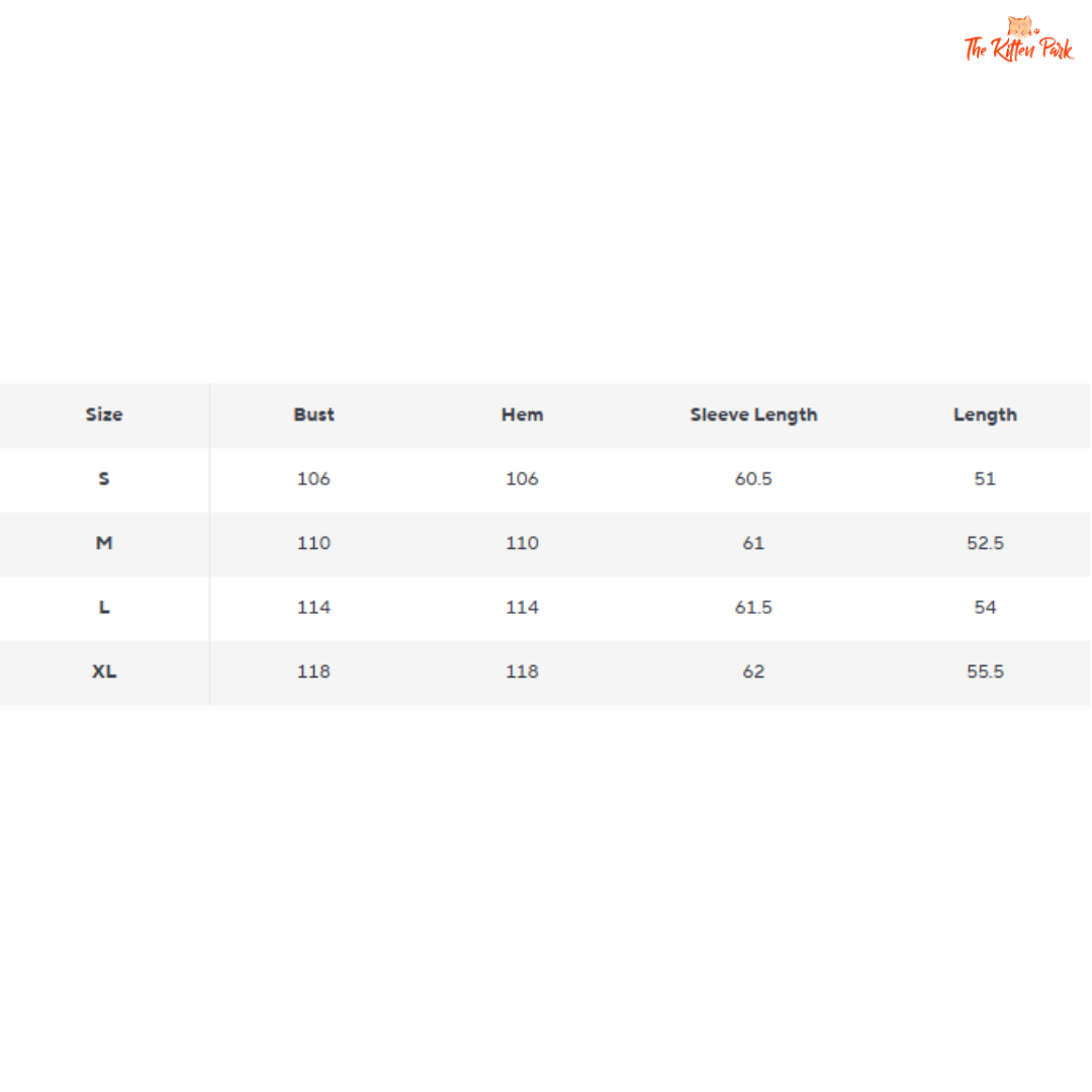 Size chart for clothing with measurements in centimeters on a white background
