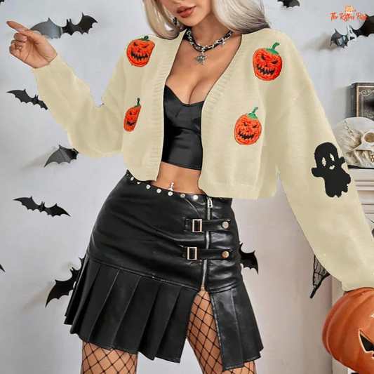 Halloween Embroidered Cardigan – Women's Knitted Jacket with skull embroidery, V-neck, loose fit, and open stitch design for autumn/winter streetwear.