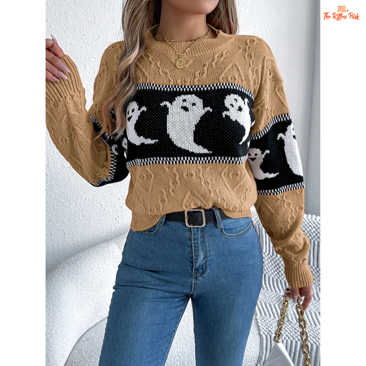 Halloween Ghost Striped Sweater – Women's Casual Pullover with knit stripes, cartoon ghost design, O-neck, and regular fit for autumn/winter.