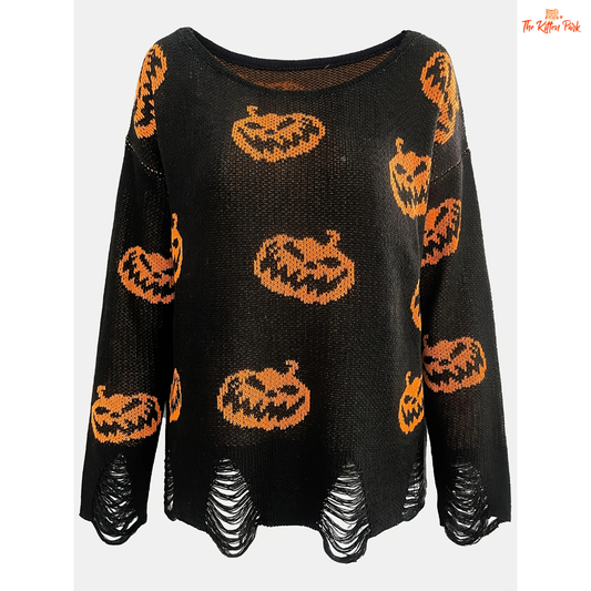 Halloween Wool Pullover – Women's Loose Round Neck Sweater with extra-heavy knit, casual fit, O-neck, and Halloween-themed design.