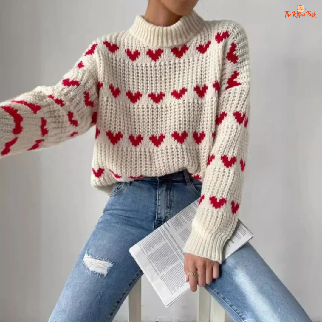 Heart Jacquard Pullover — crew-neck loose knit pullover with heart jacquard and appliqué detail, pullover closure, ideal for spring and autumn layering.