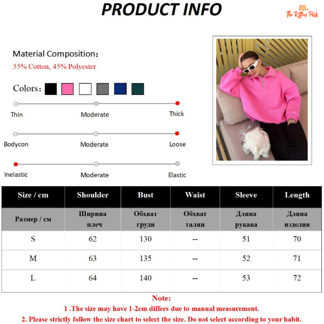 Product information card with a pink hoodie, size chart, and material composition details.
