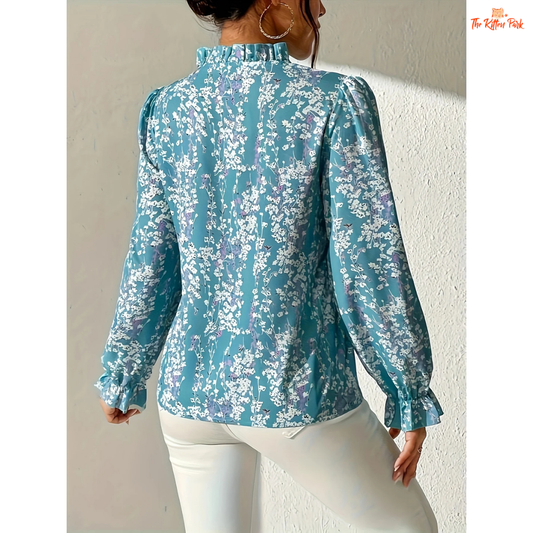 Women's floral print V-neck shirt with long sleeves and pullover design, ideal for spring and summer casual wear.