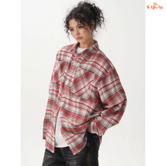 Oversized vintage plaid shirt for women featuring full sleeves, a regular length, single-breasted closure, and soft cotton blend for cozy fall wear.