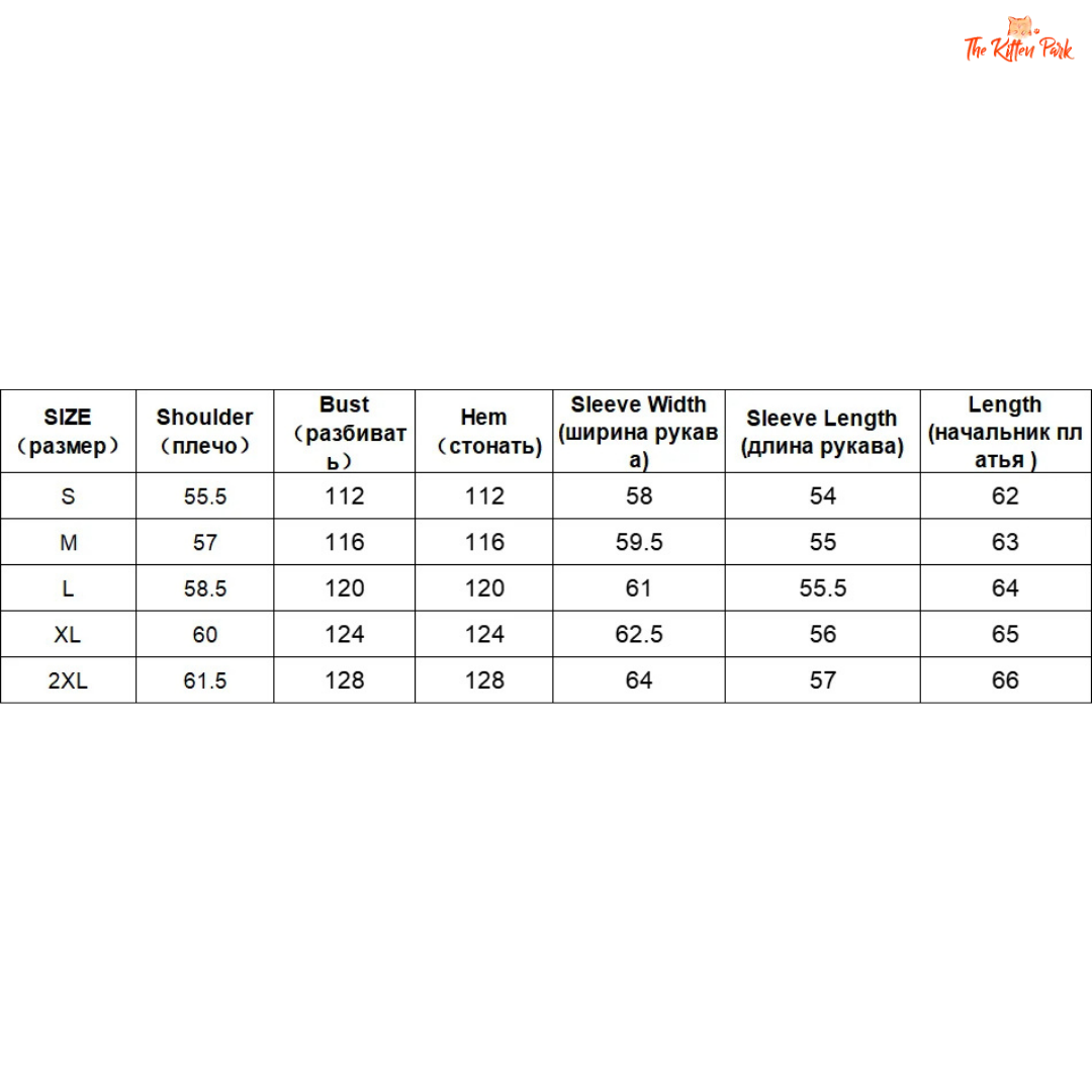 Size chart for clothing with measurements in centimeters on a white background
