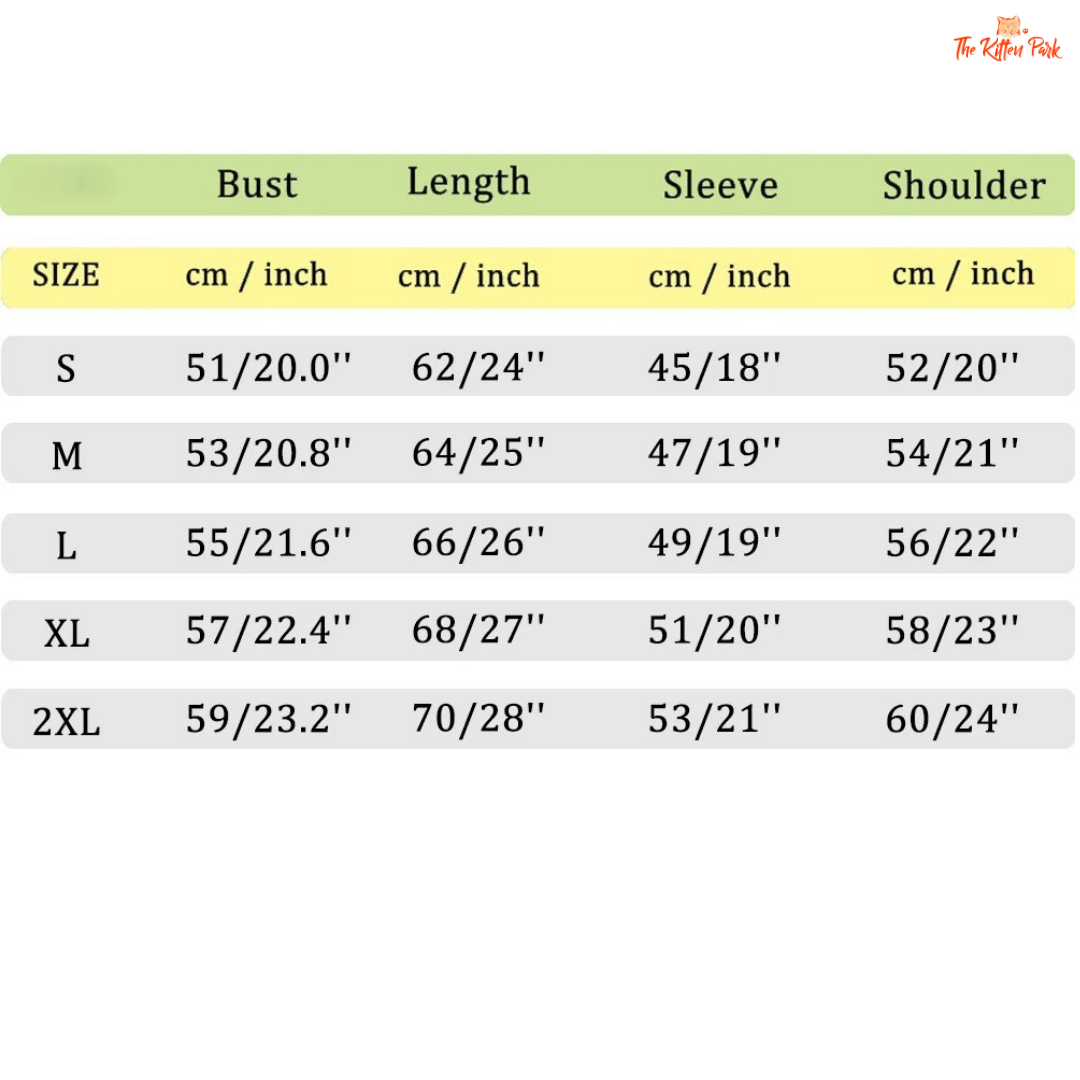 Size chart for clothing with measurements in centimeters and inches.