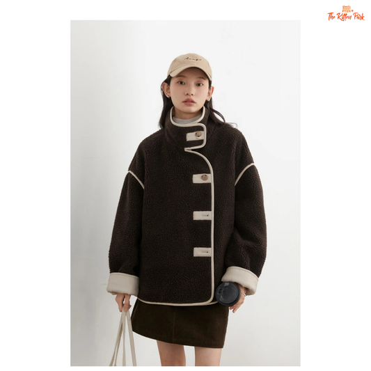 Reversible faux lamb fur jacket for women with patchwork design, turtleneck collar, and single-breasted closure for warm winter streetwear style.