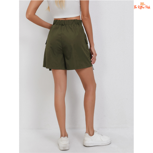 High waist cargo shorts for women featuring side pockets, flowing strap accents, slim fit silhouette, and casual summer-ready design.