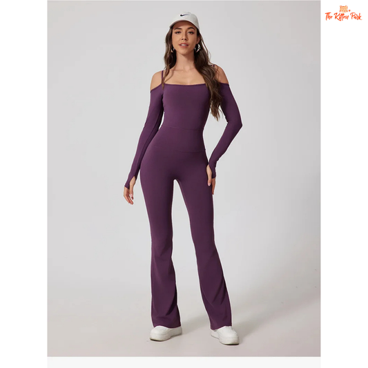 Women's full-sleeve yoga flared jumpsuit with utility pockets, quick-dry nylon-spandex fabric, ideal for running, yoga, and gym workouts year-round.