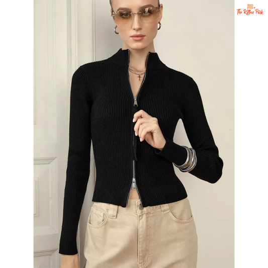 A women’s slim fit knit cardigan with a stand collar, long sleeves, and double zipper closure in a versatile office-ready style.