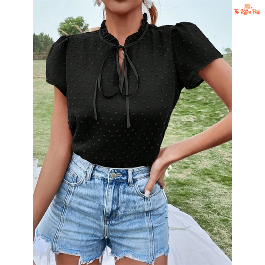 Short-sleeve women's summer blouse with a bow tie collar, made of lightweight polyester in a solid color for a casual yet elegant look.