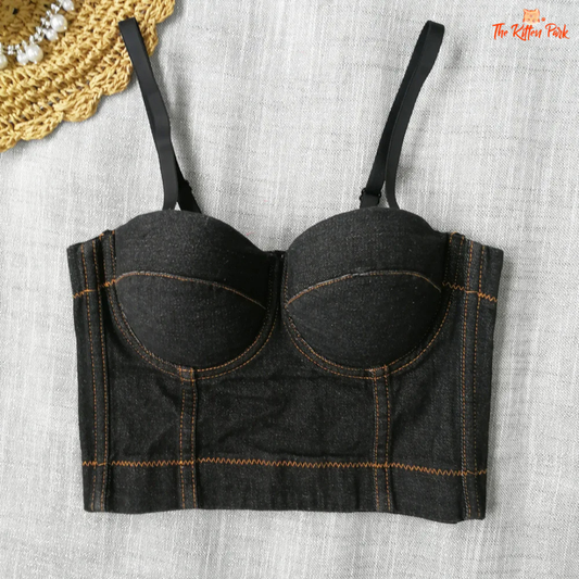 Women’s denim corset crop top with push-up bustier design, sleeveless and vintage clubwear style.