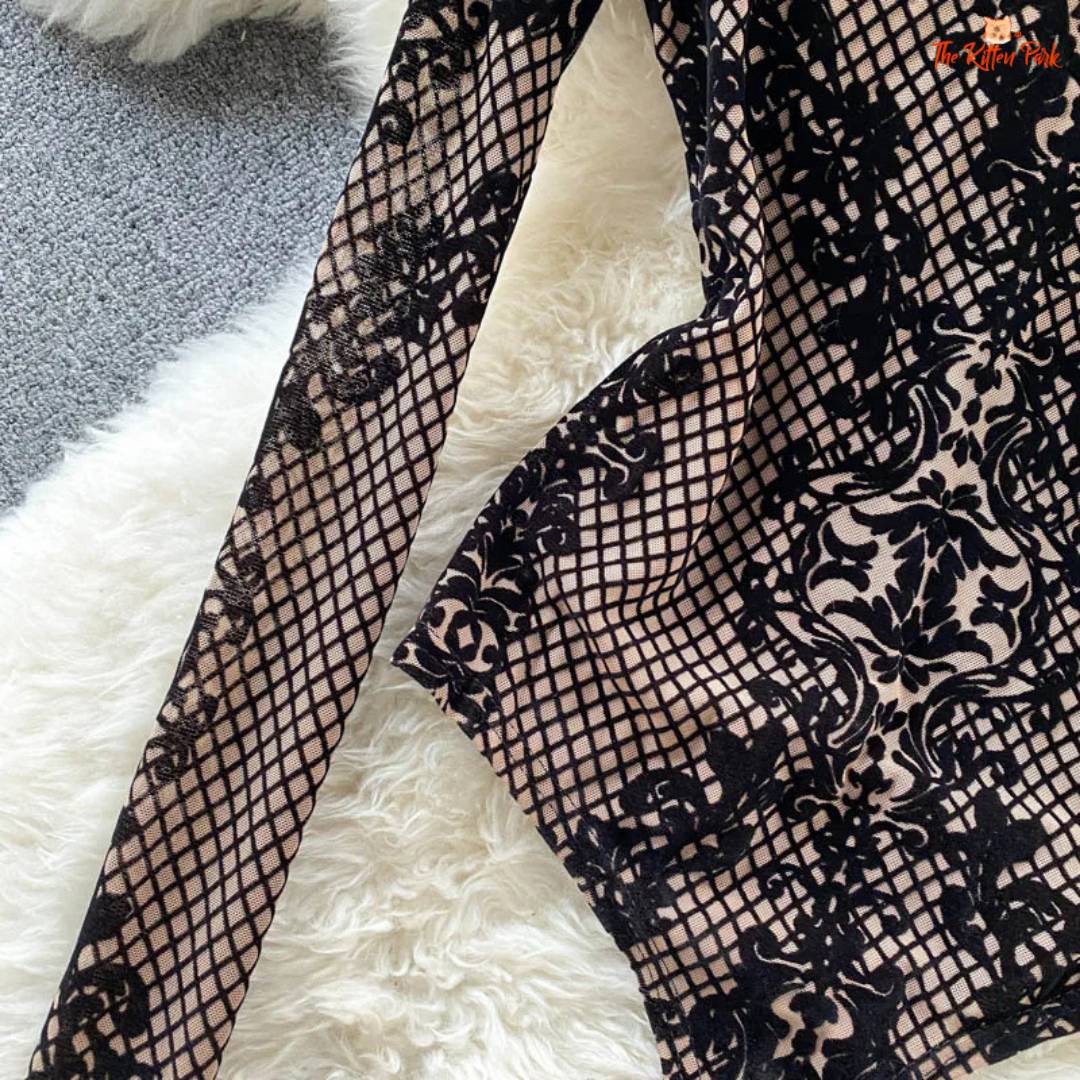 Sexy camel brown backless mesh bodysuit with geometric flocking, long sleeves, and slim fit design for women’s spring and summer streetwear.