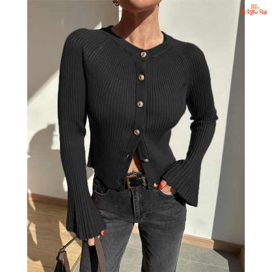 A women’s ribbed knit slim-fit cardigan with long sleeves, flare cuffs, and button closure, styled for chic high-street fashion.
