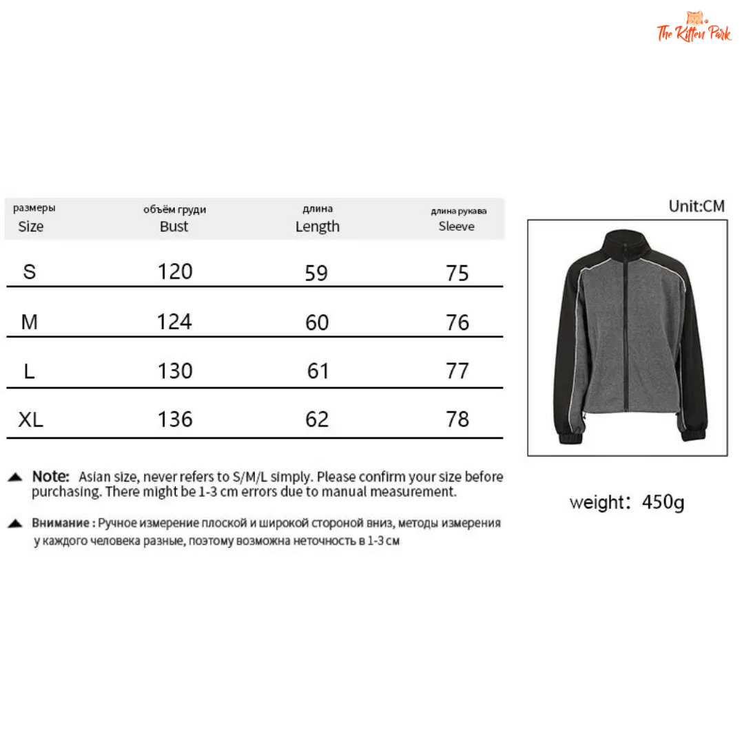 Size chart and jacket information for a gray and black jacket with measurement details.