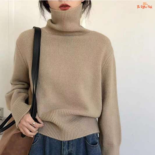 Korean Ribbed Turtleneck Knitted Sweater Women Winter Loose Warm Jumper with ribbed texture, pullover design, and casual winter style.