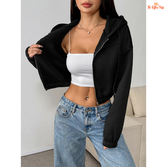 A lace-up crop hoodie jacket for women with a loose fit, hooded design, and soft knit polyester fabric, perfect for winter streetwear style.