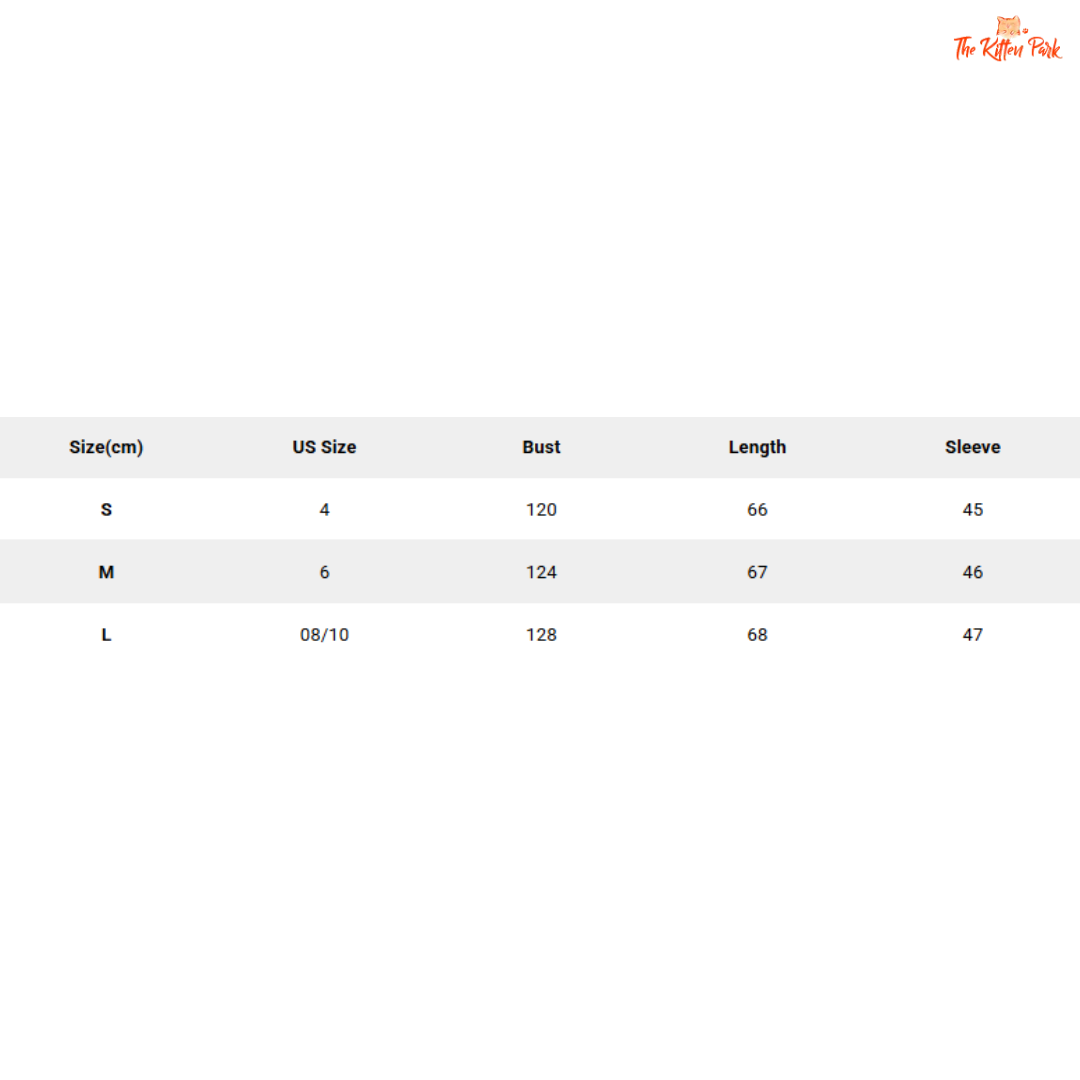 Size chart for clothing with measurements in centimeters, US sizes, bust, length, and sleeve.