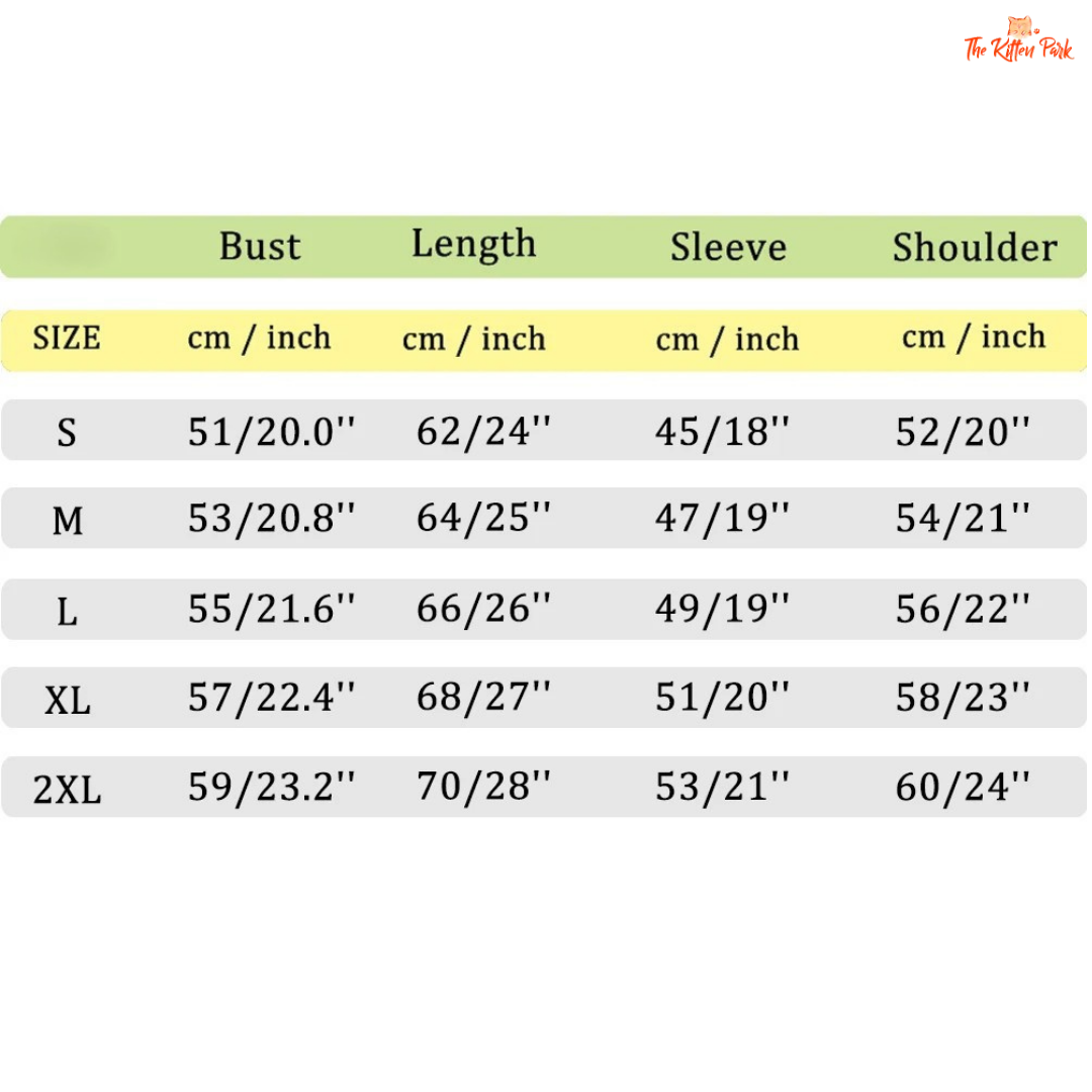 Size chart for clothing with measurements in centimeters and inches.