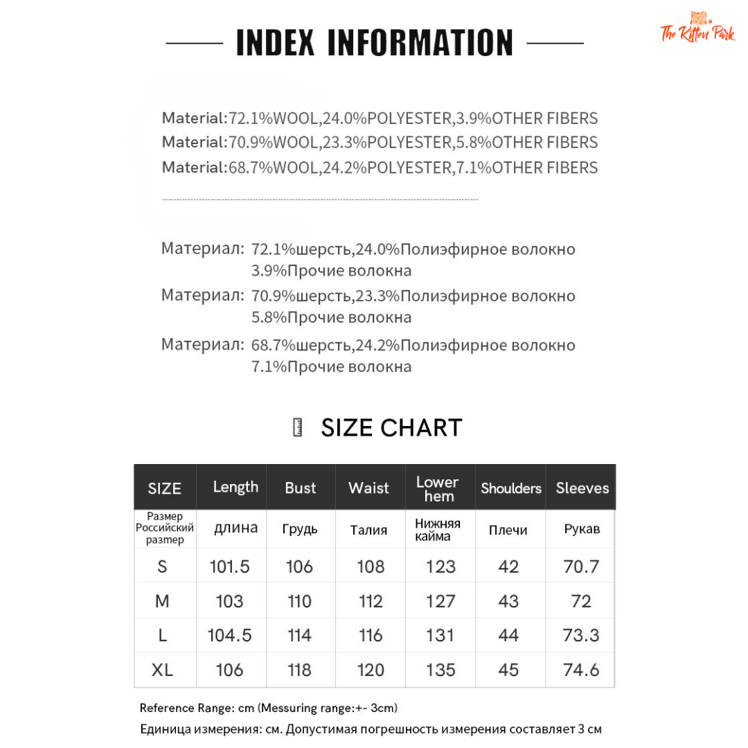 Womenβs long woolen winter coat with double-breasted design, turn-down collar, button details, and thick wool blend.