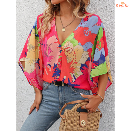 Boho-style printed V-neck blouse for women with batwing sleeves and geometric patterns, made of lightweight chiffon for beach and vacation wear.