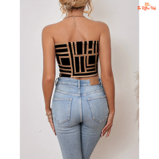Women's strapless geometric crop tube top with a wrap fit, perfect for summer and streetwear styles.